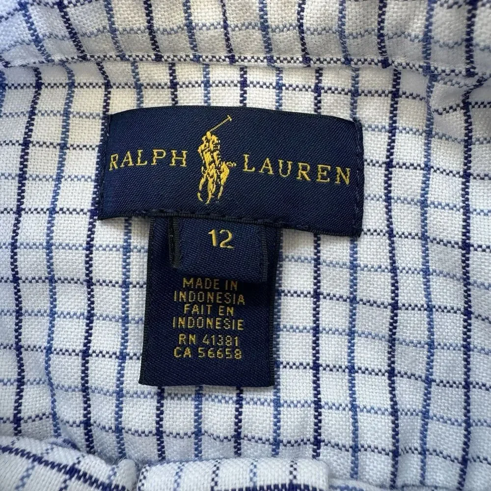 Ralph Lauren Kids Boys Plaid Long Sleeve Button Down Shirt Size 12 Blue White